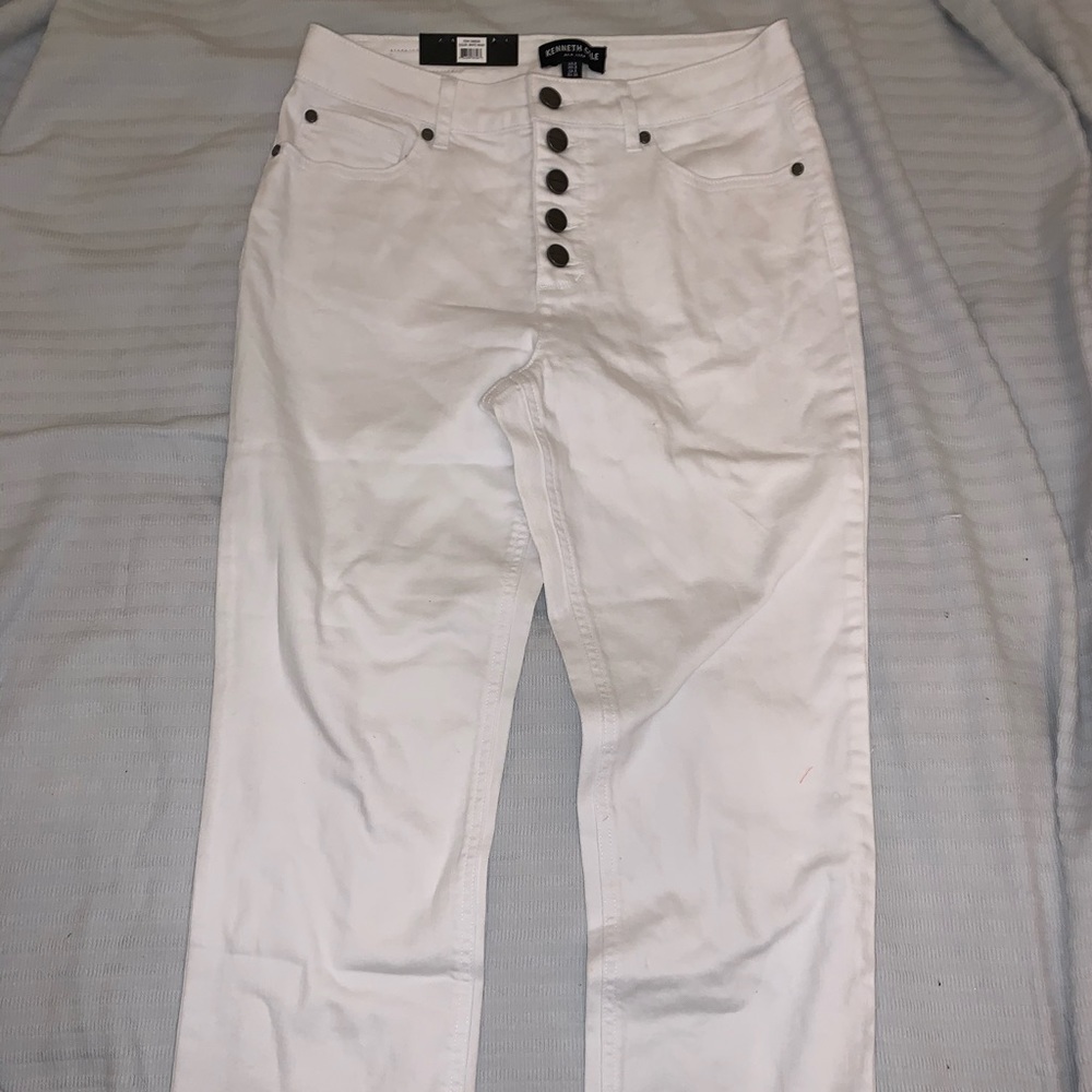 full length white button jeans